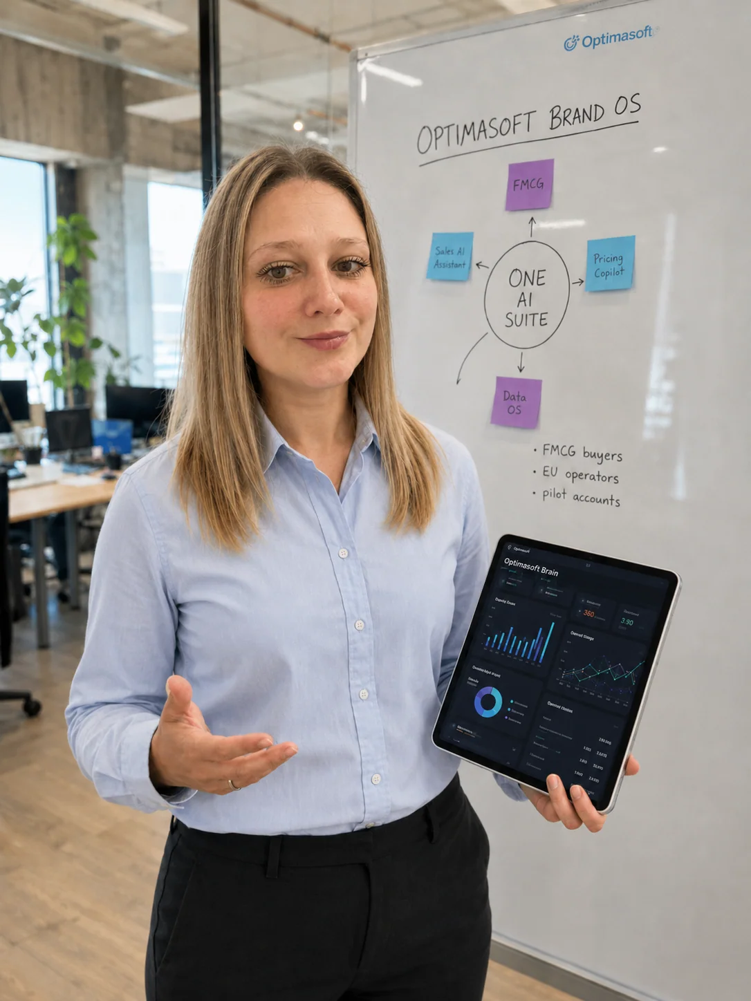 Antoaneta Dobreva, Marketing Director and co-founder of Optimasoft, presenting the Optimasoft Brain dashboard and brand architecture