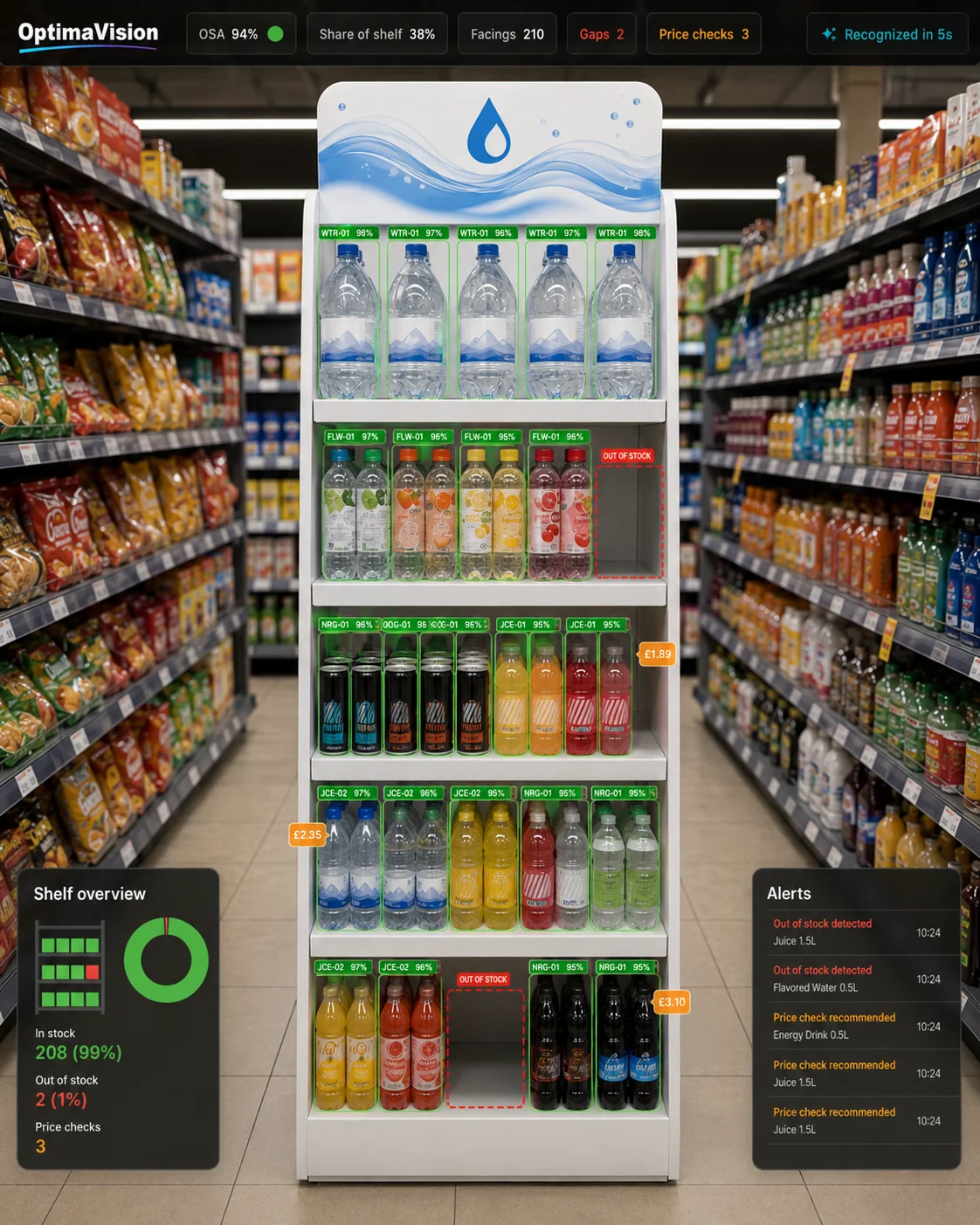 OptimaVision - разпознаване на стелаж с вода и сокове: bounding boxes, OSA, out-of-stock и price checks